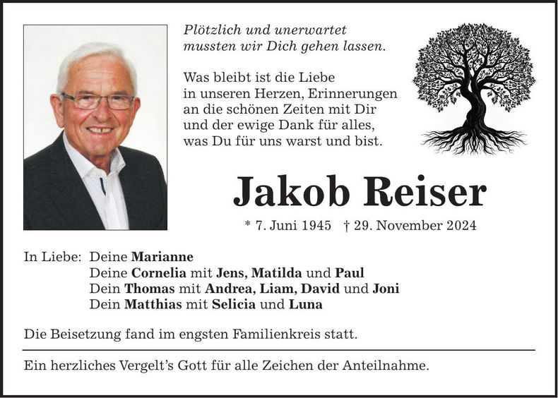 Traueranzeige Jakob Reiser