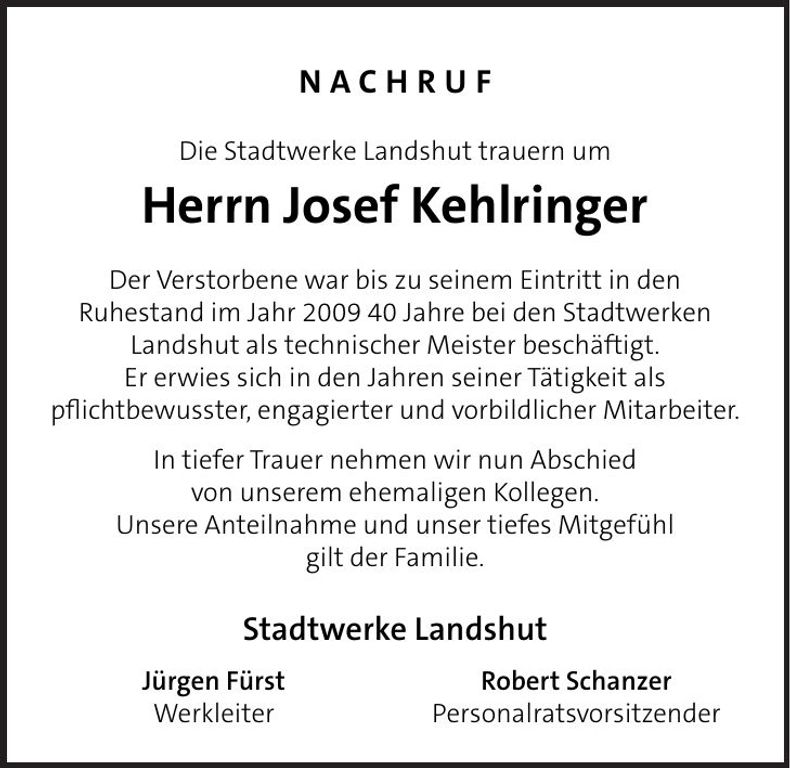 Traueranzeige Josef Kehlringer