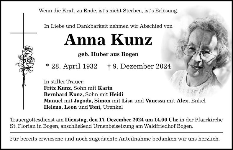 Traueranzeige Anna Kunz