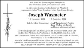 Traueranzeige Joseph Wasmeier