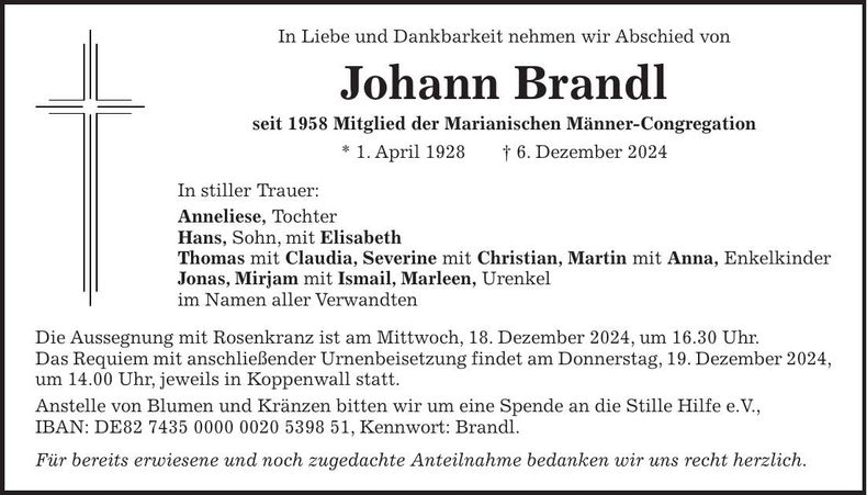 Traueranzeige Johann Brandl