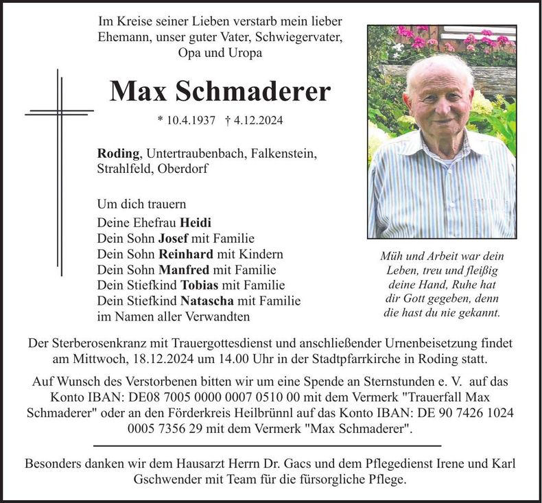 Traueranzeige Max Schmaderer