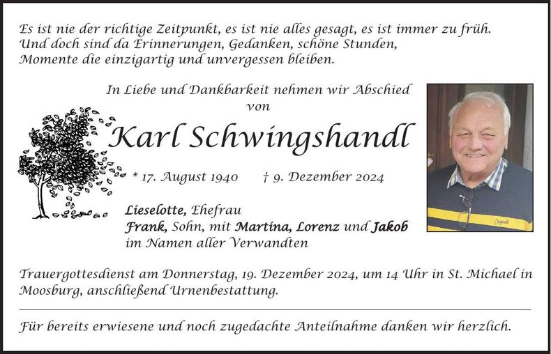 Traueranzeige Karl Schwingshandl