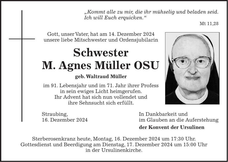 Traueranzeige Schwester M. Agnes Müller