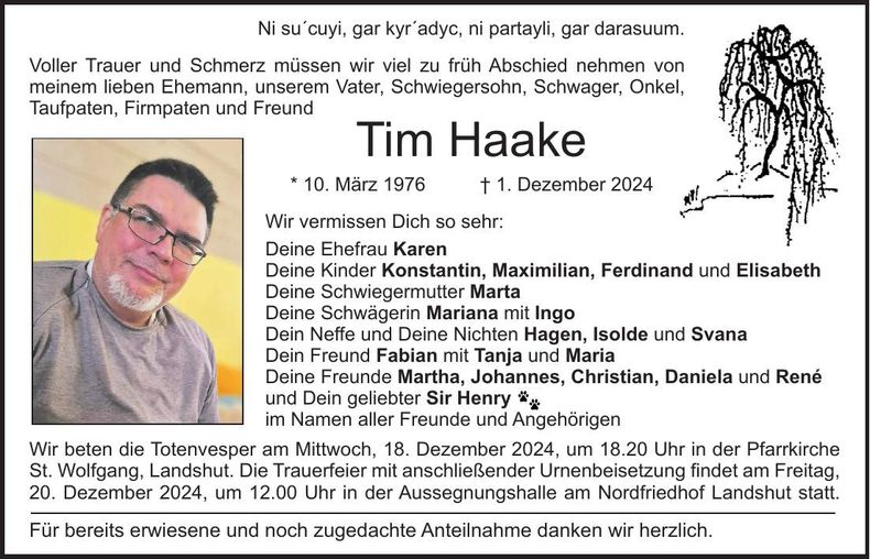 Traueranzeige Tim Haake