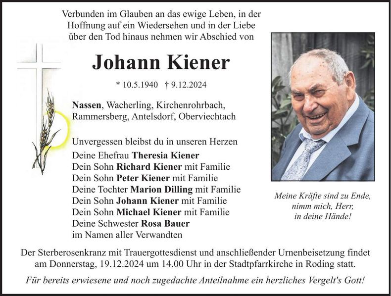 Traueranzeige Johann Kiener