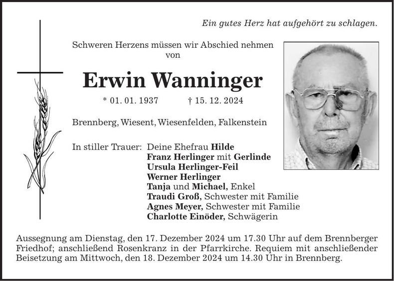 Traueranzeige Erwin Wanninger