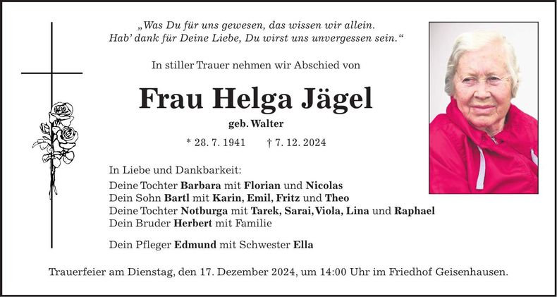 Traueranzeige Helga Jägel