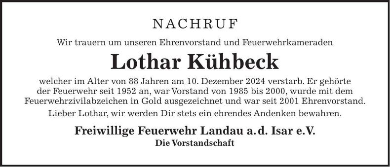 Traueranzeige Lothar Kühbeck