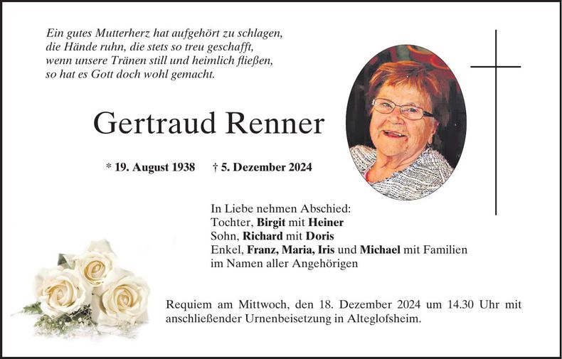 Traueranzeige Gertraud Renner