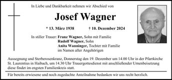 Traueranzeige Josef Wagner