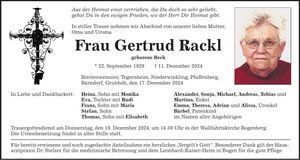 Traueranzeige Gertrud Rackl