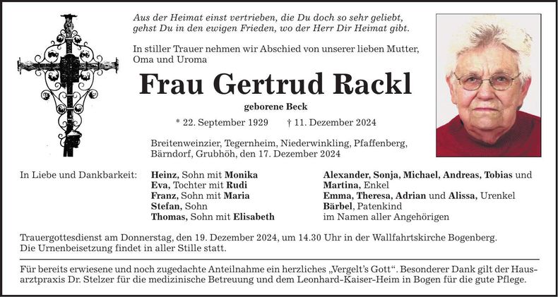 Traueranzeige Gertrud Rackl