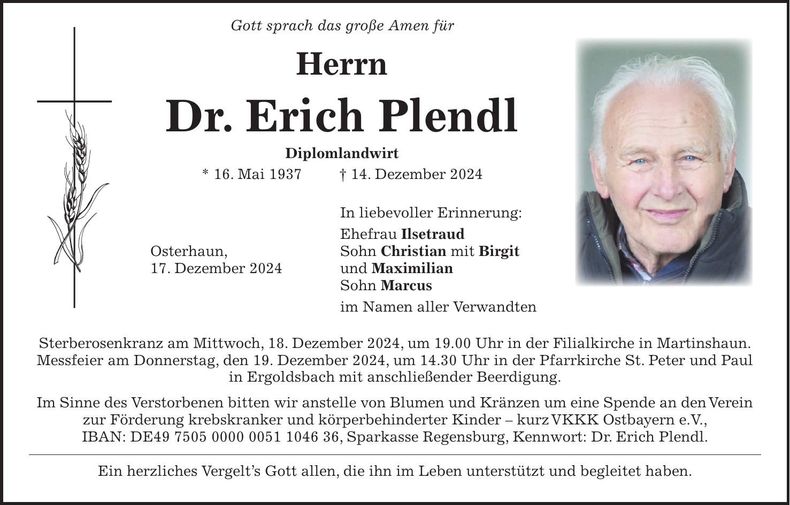 Traueranzeige Erich Dr. Plendl