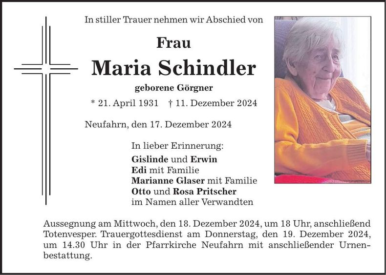 Traueranzeige Marie Schindler