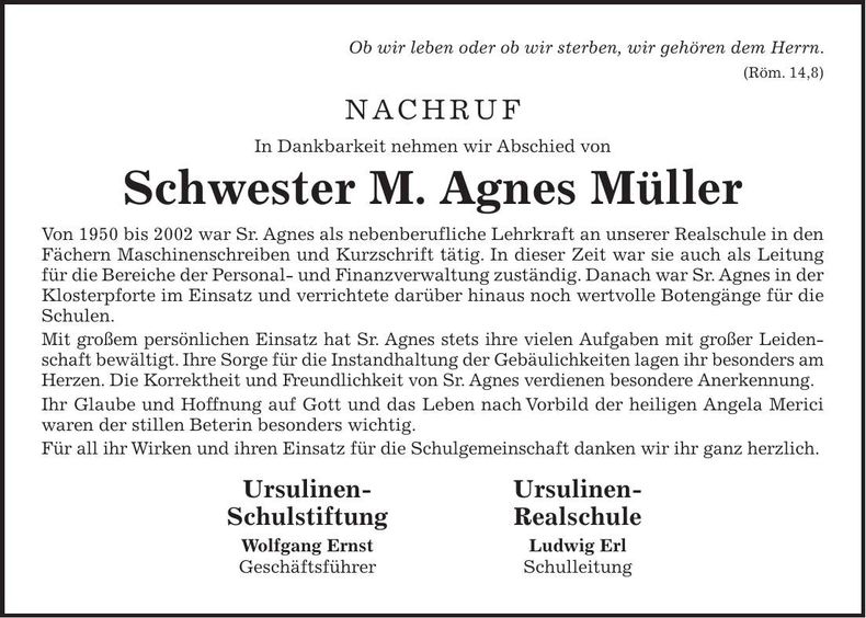 Traueranzeige Agnes Müller