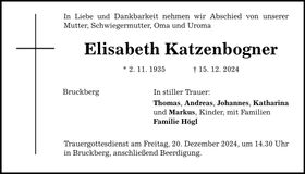 Traueranzeige Elisabeth Katzenbogner