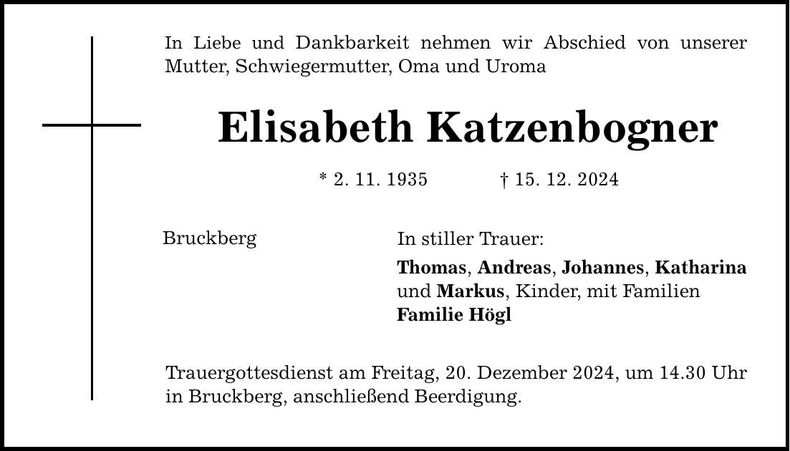 Traueranzeige Elisabeth Katzenbogner