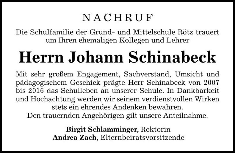 Traueranzeige Johann Schinabeck