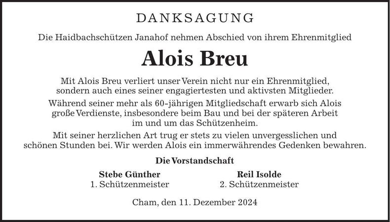 Traueranzeige Alois Breu