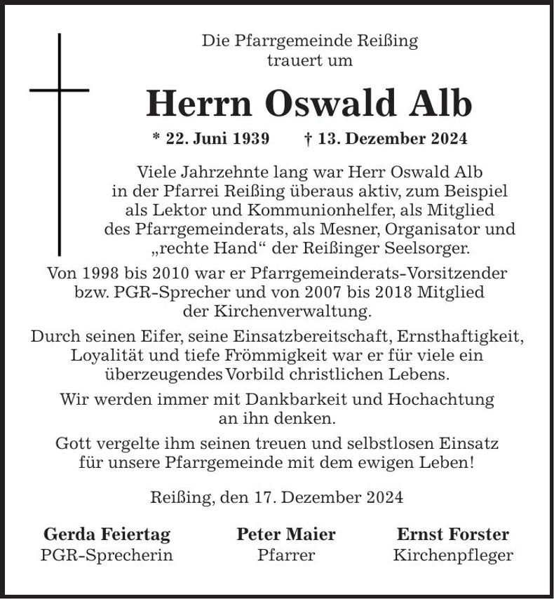 Traueranzeige Oswald Alb