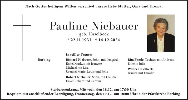 Traueranzeige Pauline Niebauer