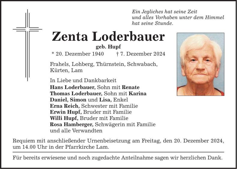Traueranzeige Zenta Loderbauer