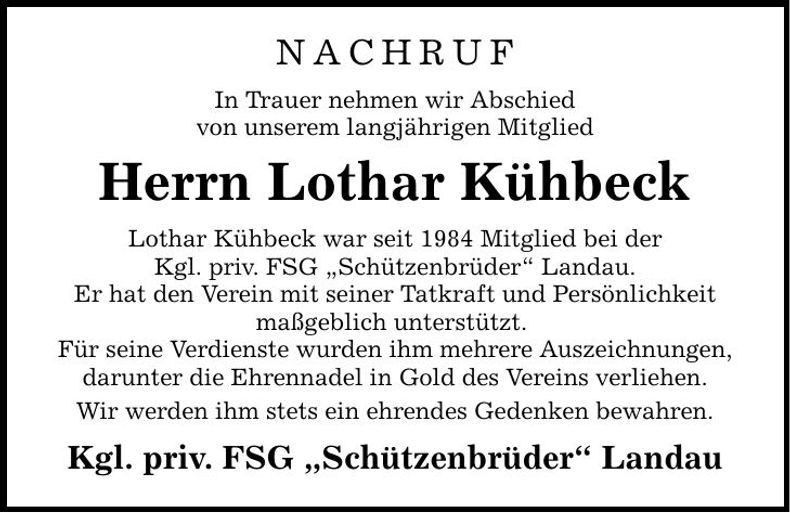 Traueranzeige Lothar Kühbeck