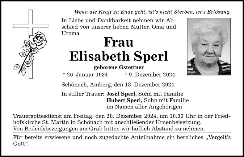 Traueranzeige Elisabeth Sperl