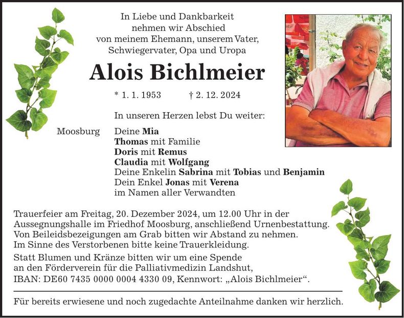 Traueranzeige Alois Bichlmeier