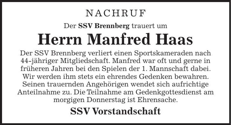 Traueranzeige Manfred Haas