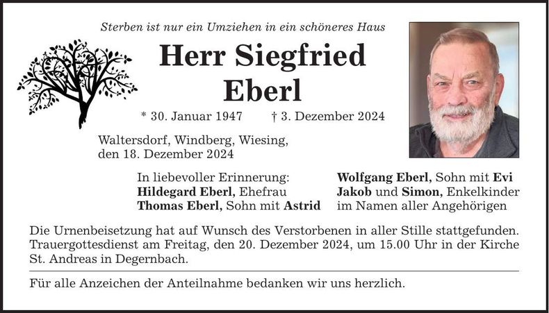 Traueranzeige Siegfried Eberl