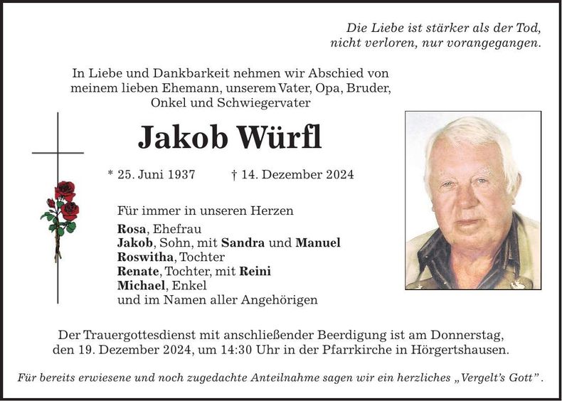 Traueranzeige Jakob Würfl