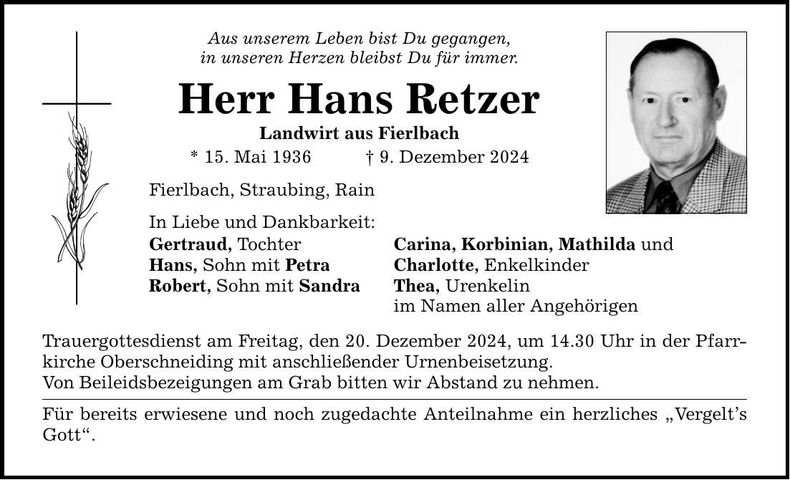 Traueranzeige Hans Retzer