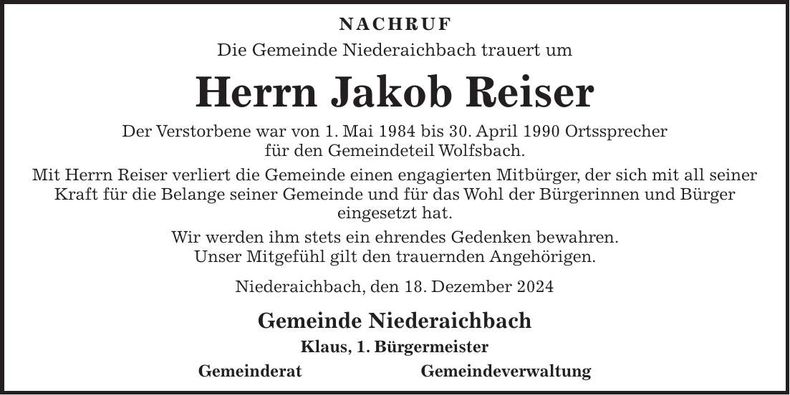 Traueranzeige Jakob Reiser