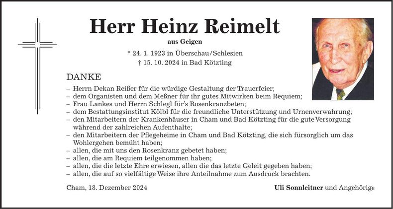 Traueranzeige Heinz Reimelt