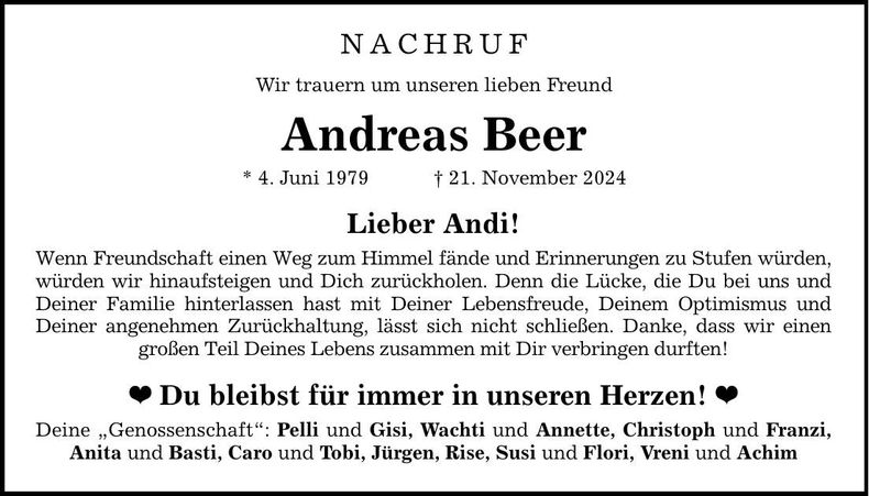 Traueranzeige Beer Andreas