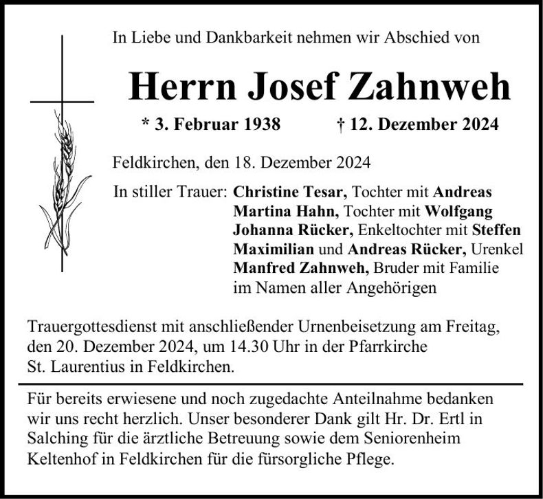 Traueranzeige Josef Zahnweh