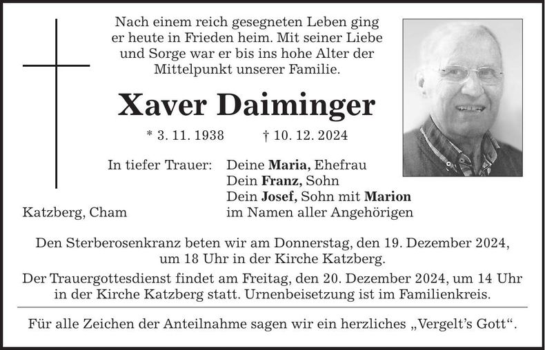 Traueranzeige Xaver Daiminger
