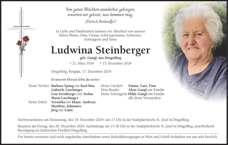 Traueranzeige Ludwina Steinberger