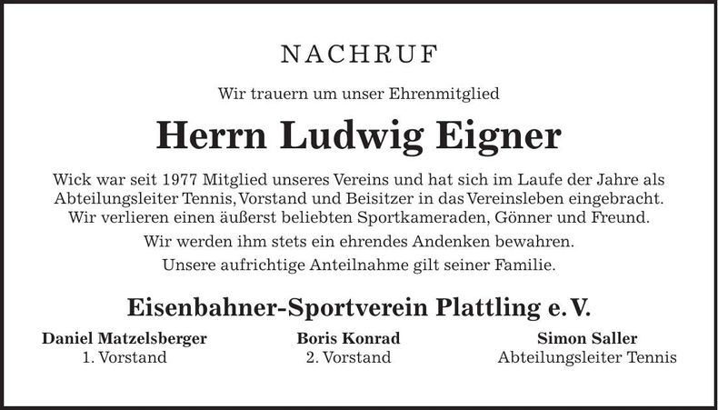 Traueranzeige Ludwig Eigner