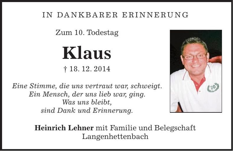 Traueranzeige Klaus Stadler