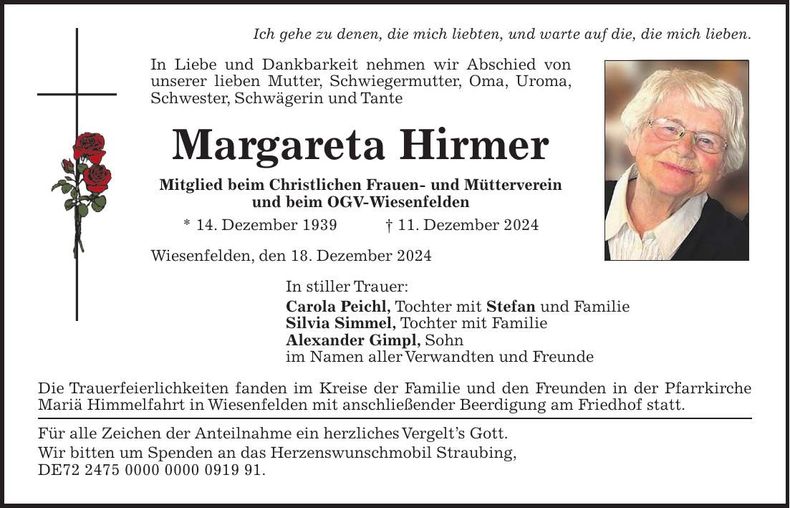 Traueranzeige Margareta Hirmer