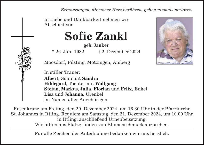 Traueranzeige Sofie Zankl