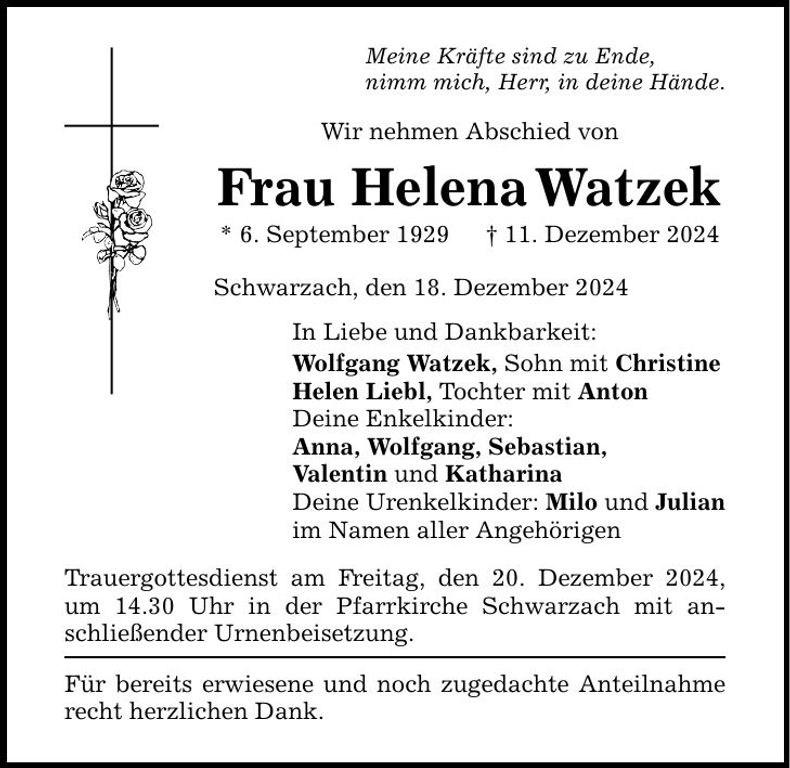 Traueranzeige Helena Watzek