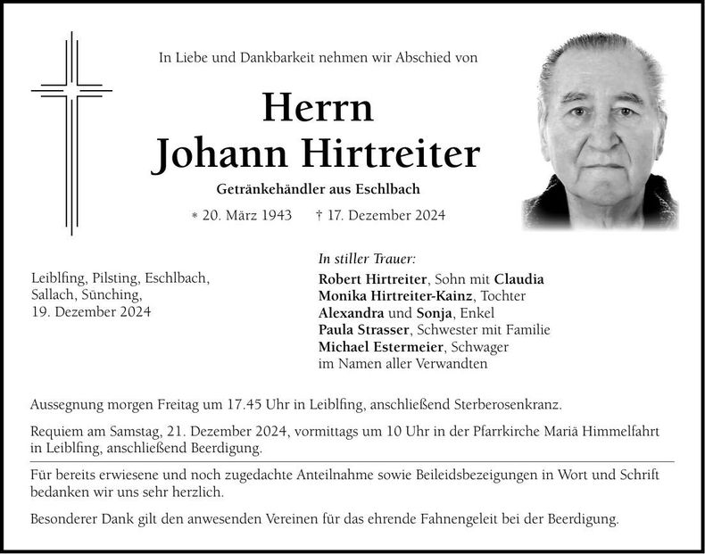Traueranzeige Johann Hirtreiter