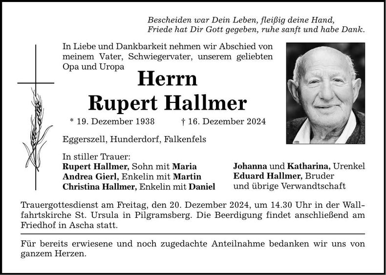 Traueranzeige Rupert Hallmer