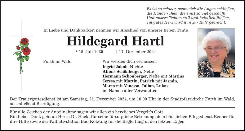 Traueranzeige Hildegard Hartl