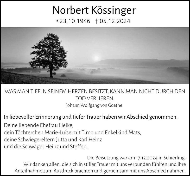 Traueranzeige Norbert Kössinger