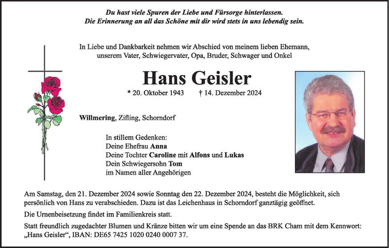 Traueranzeige Hans Geisler
